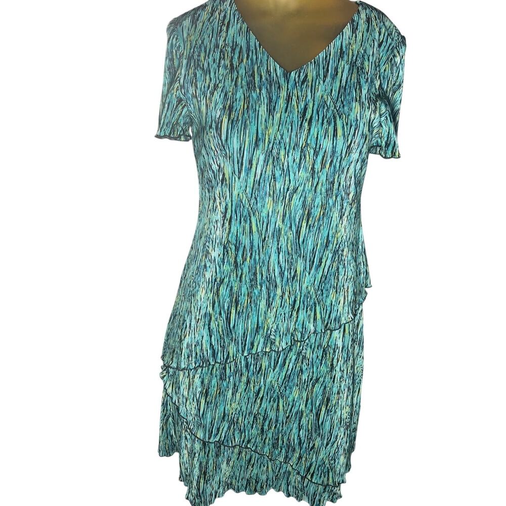 Connected Petite V-Neck Asymmetric Tiered Sheath Lettuce Edging Lined Dress Sz 8
